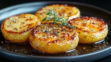 Roasted potato slices, seasoned, dark plate, close-up