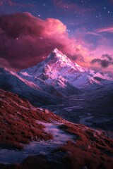 Snow mountain peak in colorful sky at dusk with clouds over valley for travel ad