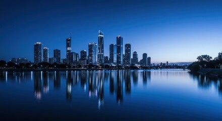 Fototapeta premium Night skyline of a city reflecting on calm water, serene atmosphere