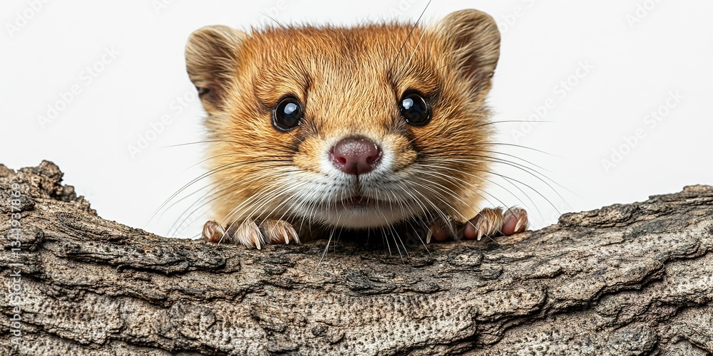Poster cute small mammal with large eyes and round face peering from a tree branch in a neutral environment