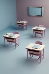 Desks arranged in a minimalist classroom feature open books resting on each surface. The walls are painted in soft, muted colors, enhancing the calm atmosphere
