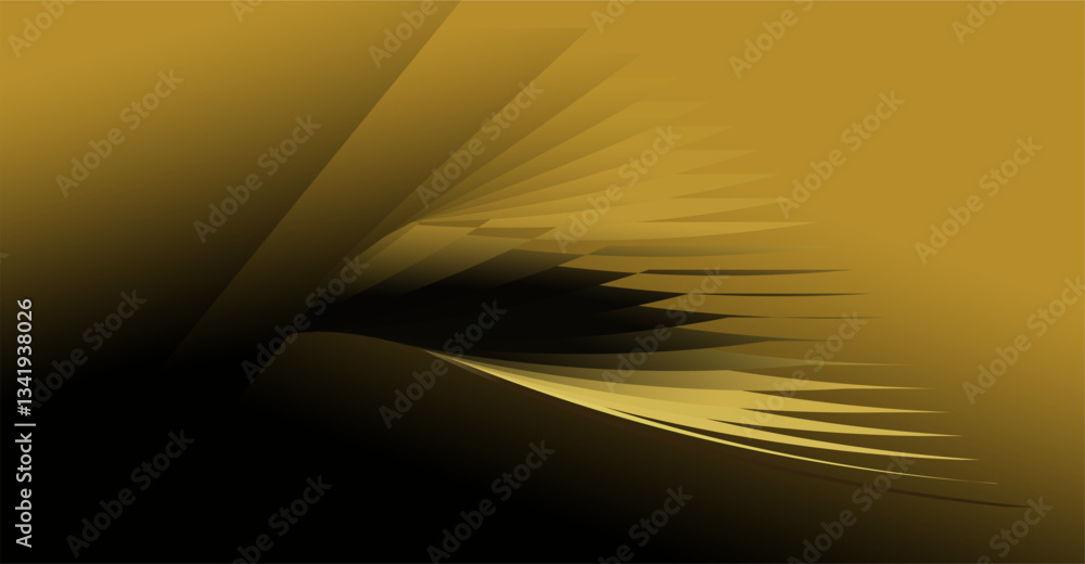 Poster composition of empty space, curved lines and geometric abstract fields with gradations of gold, brow