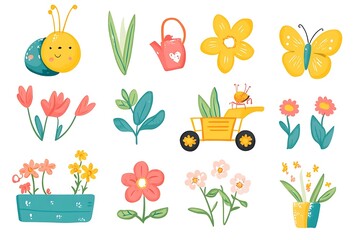 Naklejka premium Cute Spring Gardening Elements Flowers, Insects, and Plants Illustration