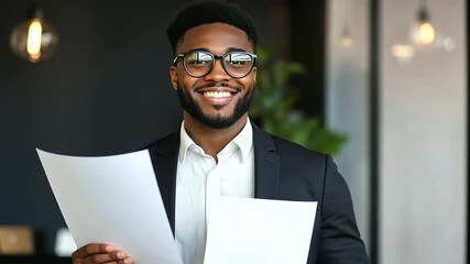 Confident manager holding quality guarantee mark certificate in office
