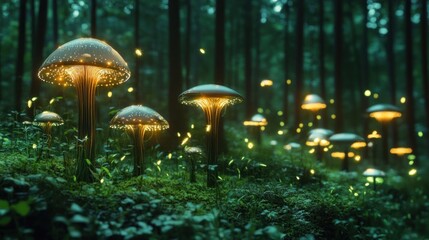 Enchanted bioluminescent mushrooms glowing in a mystical forest landscape