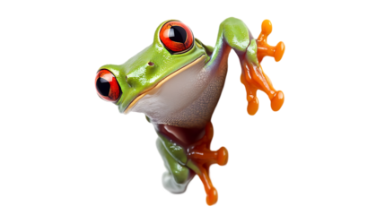 This is a close-up image of a green tree frog peeking over an edge with bright coloration.