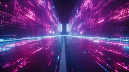 Futuristic digital corridor with vibrant neon glow