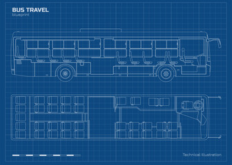 Commercial bus drawing. Outline passenger transport blueprint. Autobus linear seat map. Industrial scheme. Side and top view. Tourist vehicle interior