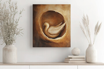 Elegant swan nestled in cozy nest artfully rendered with warm earthy tones Painting