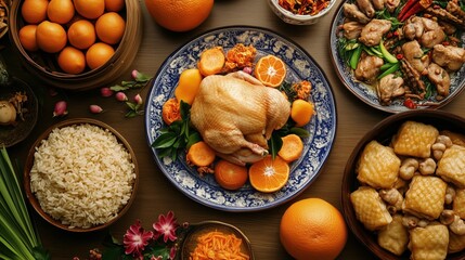 Table Filled with Qingming Festival Offerings, Including Chicken, Oranges, Mooncakes, and Rice - Traditional Chinese Ancestral Worship and Family Gathering