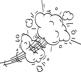 Hand drawn vector illustration of a comic explosion cloud with speed lines and smoke puff effect emerging from the left, isolated on a white background