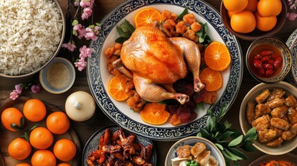 Table Filled with Qingming Festival Offerings, Including Chicken, Oranges, Mooncakes, and Rice - Traditional Chinese Ancestral Worship and Family Gathering