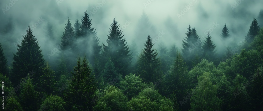 Aufkleber Enchanted misty forest filled with a mix of evergreen and deciduous trees creating a captivating scene : Generative AI