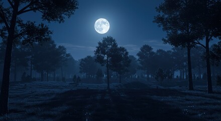 Serene Night in a Moonlit Forest with Shadows and Calm Atmosphere