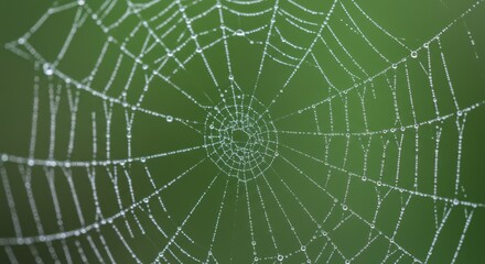 Obraz premium Close-up of a dew-covered spider web on a green background