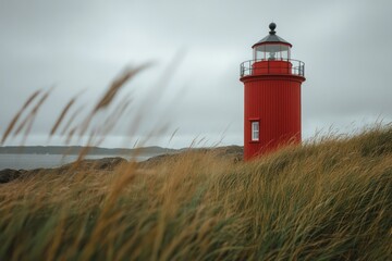 Red lighthouse on coastal dunes on a cloudy day.  Possible use Stock photo for travel, nature, or nautical themes