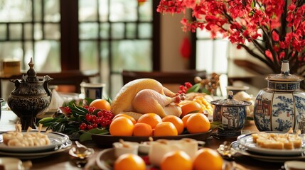 Table Filled with Qingming Festival Offerings, Including Chicken, Oranges, Mooncakes, and Rice - Traditional Chinese Ancestral Worship and Family Gathering