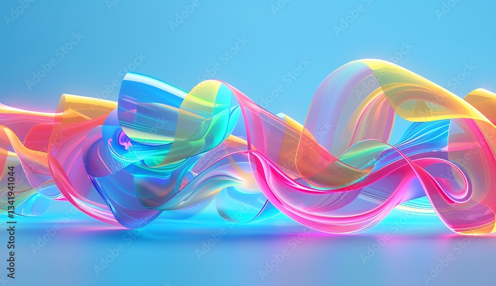 Aufkleber 3d render, an abstract colorful background with neon-glowing waves and wavy lines on a blue gradient