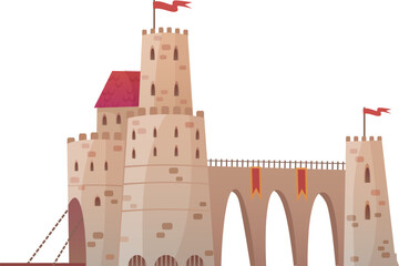Majestic medieval castle with high towers, red flags, a long bridge and fortified walls, perfect for historical or fantasy projects, evoking a sense of strength, royalty, and ancient battles