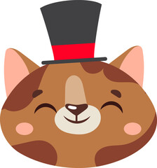 Close up illustration featuring a cute, smiling brown cat donning a magician s top hat, creating a whimsical and playful atmosphere filled with charm and joy