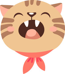 Cartoon illustration featuring a cute brown cat wearing a vibrant red scarf, meowing joyfully with its mouth wide open, displaying its teeth and tongue in an adorable manner