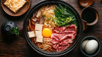 Tender beef slices in traditional Japanese sukiyaki pot broth