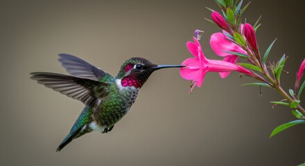 Fototapeta premium Vibrant hummingbird hovering near pink flowers in a serene garden setting