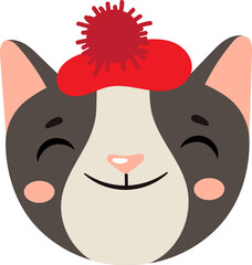 Charming illustration featuring a cute cat wearing a red beret adorned with a fluffy pompom, smiling and winking playfully, radiating joy and friendliness in a delightful design