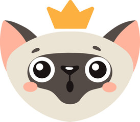 Siamese cat wearing a golden crown, displaying a surprised expression with big eyes and an open mouth, perfect for children s book illustrations or sweet designs