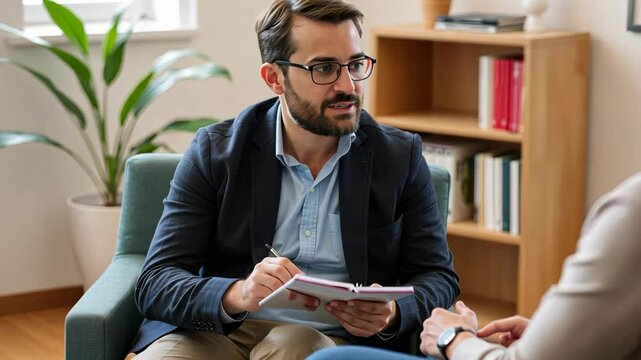 A Male Therapist Listens Attentively to a Female Patient During a Counseling Session in a Calm Office Setting