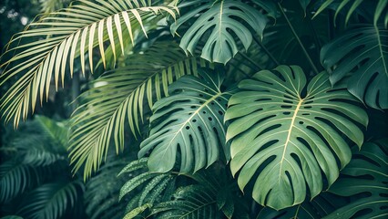 Fototapeta premium Close-up of vibrant green monstera and palm leaves