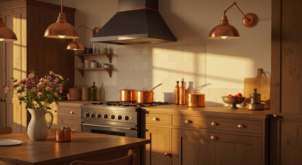 a warm toned kitchen with copper accents and wood finishes inviting and homely cooking atmosphere