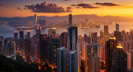 Naklejka premium Stunning sunset over Hong Kong skyline with vibrant city lights