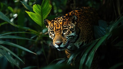 Majestic Jaguar Stalking Through Lush Rainforest Foliage in Amazon Wildlife