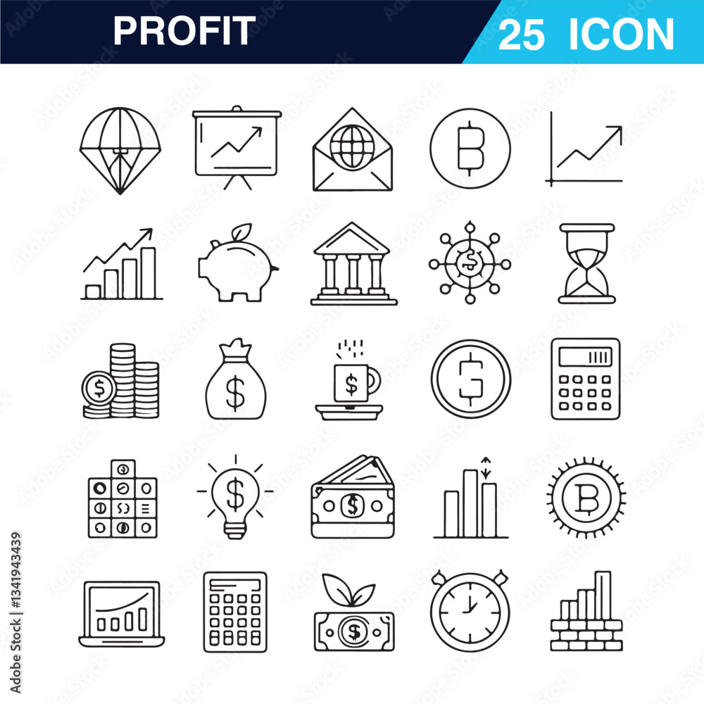 Poster a set of line-style web icons representing financial profit. this collection includes icons for mone