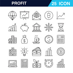 A set of line-style web icons representing financial profit. This collection includes icons for money savings, income, finance, growth, investment, payments, earnings, and financial management. Design