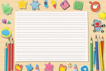 Blank lined paper with colorful stickers and pencils creative writing space
