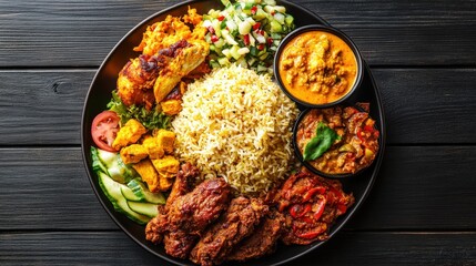 Rich Nasi Kandar plate on rustic wooden background image