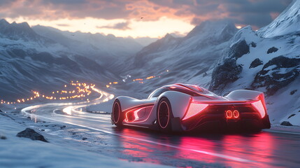 Futuristic electric car moving along a winter highway among mountains and snow-capped hills. Transport technologies of the future. Innovative technologies. Autonomous control.	
