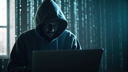 Cybersecurity A hooded figure works on a laptop in a dimly lit room with a mysterious atmosphere.