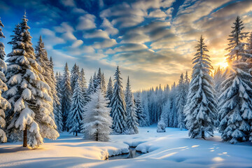 Majestic Sunrise in a Snowy Winter Forest