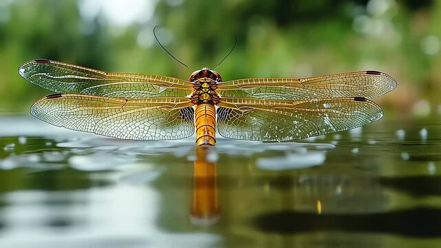 Close-up of a dragonfly resting on the water's surface with a blurred natural background