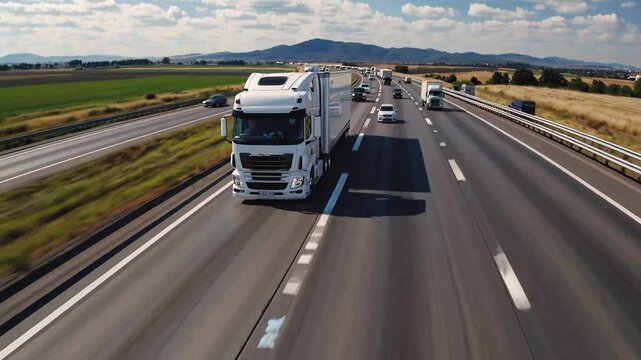 Multiple trucks moving along a busy highway with rolling hills in the background. Concept of supply chain and commerce