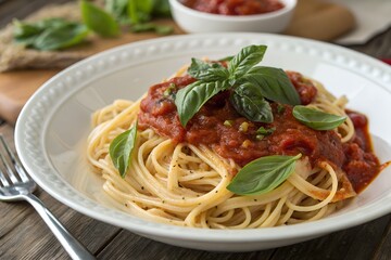 A  plate of traditional pasta with marinara sauce and basil.