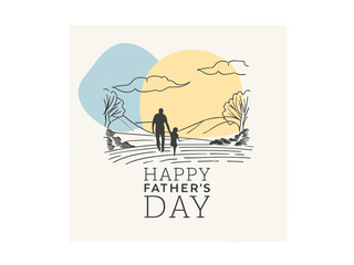 Happy father's day vector silhouette 
out line design heartwarming illustration of a father and son walking together in a scenic landscape. icon and typography, happy father's day, dad, father.