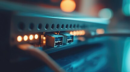 Close-up view of a modern network router with illuminated ports, showcasing connectivity in a vibrant tech environment