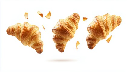 Freshly Baked Croissant Soaring Through The Air On A White Background: French Pastry Croissants Floating And Buttered Bread Croissants In Flight.