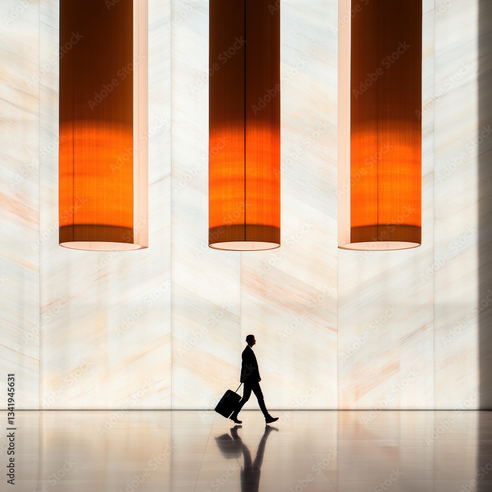 Poster minimalist urban mobility sleek professional navigating architectural space with dynamic orange desi