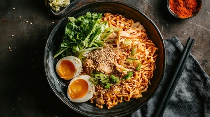 Korean fire noodle bowl top view stock image