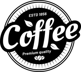 Obraz premium Round black and white logo representing a coffee brand, featuring stylized coffee beans and leaves, along with the text highlighting premium quality established in 1856